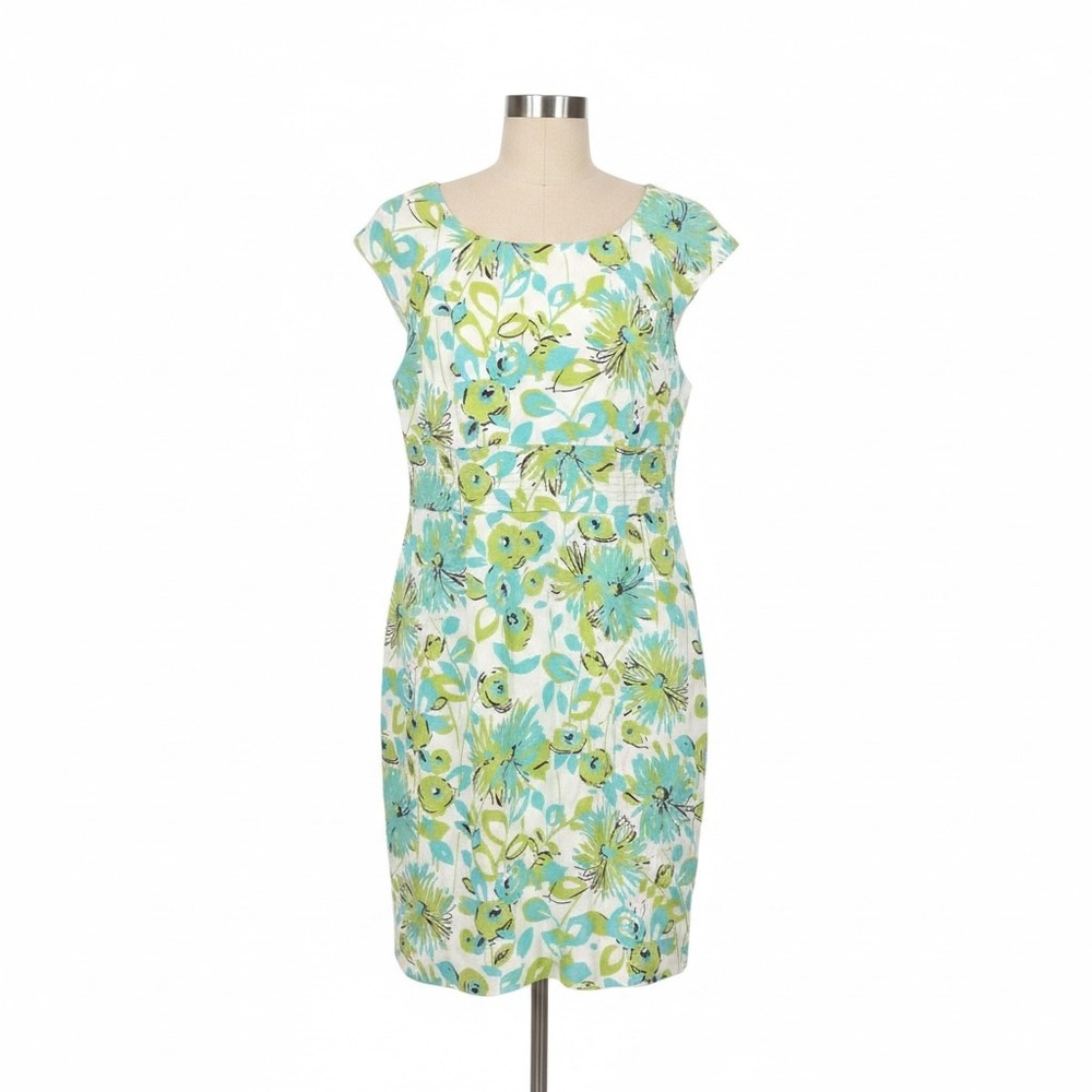 Cato Woman Floral Linen Blend Sheath Dress Blue Green White 18W